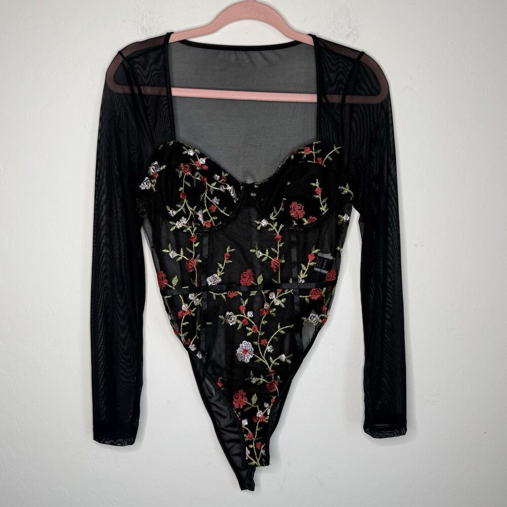 Womens Large Sheer Fairy Grunge Floral Long Sleeve Bodysuit Whimsigoth Ethereal - Picture 2 of 13